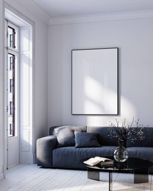 Modern Oturma Odası Posteri Doğal Işık ve Minimalist Dekorasyonlu Model. 3 Boyutlu Hazırlama.