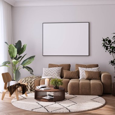 Modern Oturma Odası Posteri Doğal Işık ve Minimalist Dekorasyonlu Model. 3 Boyutlu Hazırlama.