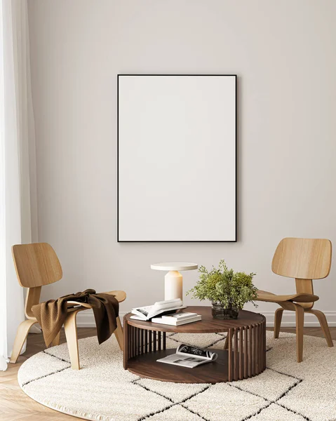 Modern Oturma Odası Posteri Doğal Işık ve Minimalist Dekorasyonlu Model. 3 Boyutlu Hazırlama.