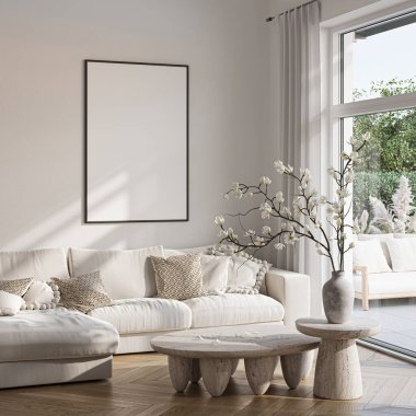 Modern Oturma Odası Posteri Doğal Işık ve Minimalist Dekorasyonlu Model. 3 Boyutlu Hazırlama.