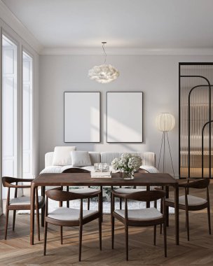 Modern Oturma Odası Posteri Doğal Işık ve Minimalist Dekorasyonlu Model. 3 Boyutlu Hazırlama.