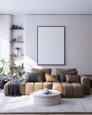 Modern Oturma Odası Posteri Doğal Işık ve Minimalist Dekorasyonlu Model. 3 Boyutlu Hazırlama.