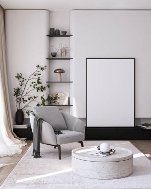Modern Oturma Odası Posteri Doğal Işık ve Minimalist Dekorasyonlu Model. 3 Boyutlu Hazırlama.