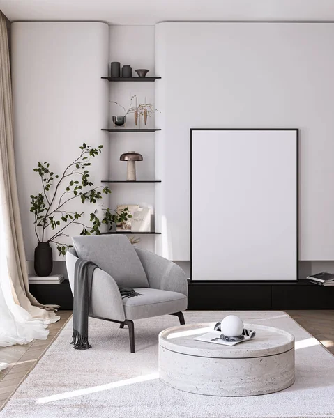 Modern Oturma Odası Posteri Doğal Işık ve Minimalist Dekorasyonlu Model. 3 Boyutlu Hazırlama.