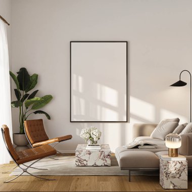 Modern Oturma Odası Posteri Doğal Işık ve Minimalist Dekorasyonlu Model. 3 Boyutlu Hazırlama.