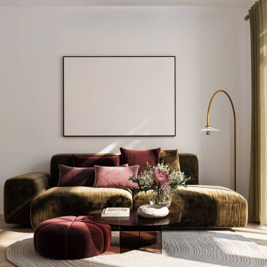 Modern Oturma Odası Posteri Doğal Işık ve Minimalist Dekorasyonlu Model. 3 Boyutlu Hazırlama.