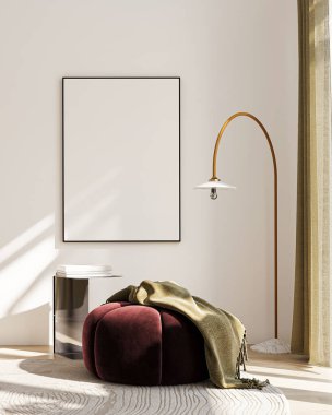 Modern Oturma Odası Posteri Doğal Işık ve Minimalist Dekorasyonlu Model. 3 Boyutlu Hazırlama.