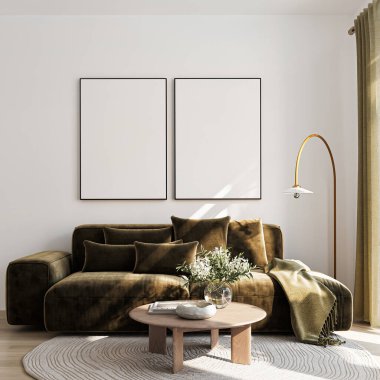 Modern Oturma Odası Posteri Doğal Işık ve Minimalist Dekorasyonlu Model. 3 Boyutlu Hazırlama.