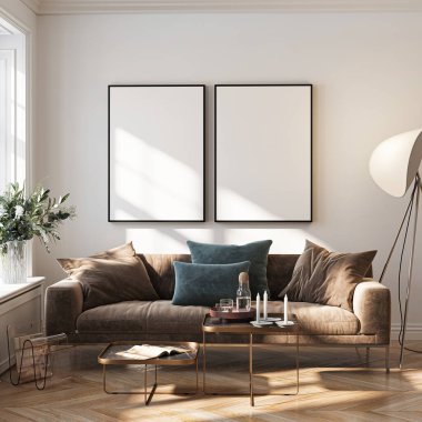 Modern Oturma Odası Posteri Doğal Işık ve Minimalist Dekorasyonlu Model. 3 Boyutlu Hazırlama.