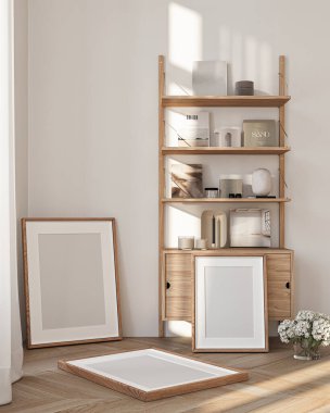 Modern Oturma Odası Posteri Doğal Işık ve Minimalist Dekorasyonlu Model. 3 Boyutlu Hazırlama.