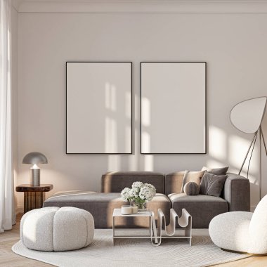 Modern Oturma Odası Posteri Doğal Işık ve Minimalist Dekorasyonlu Model. 3 Boyutlu Hazırlama.