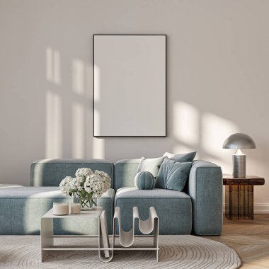Modern Oturma Odası Posteri Doğal Işık ve Minimalist Dekorasyonlu Model. 3 Boyutlu Hazırlama.