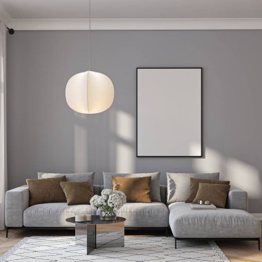 Modern Oturma Odası Posteri Doğal Işık ve Minimalist Dekorasyonlu Model. 3 Boyutlu Hazırlama.