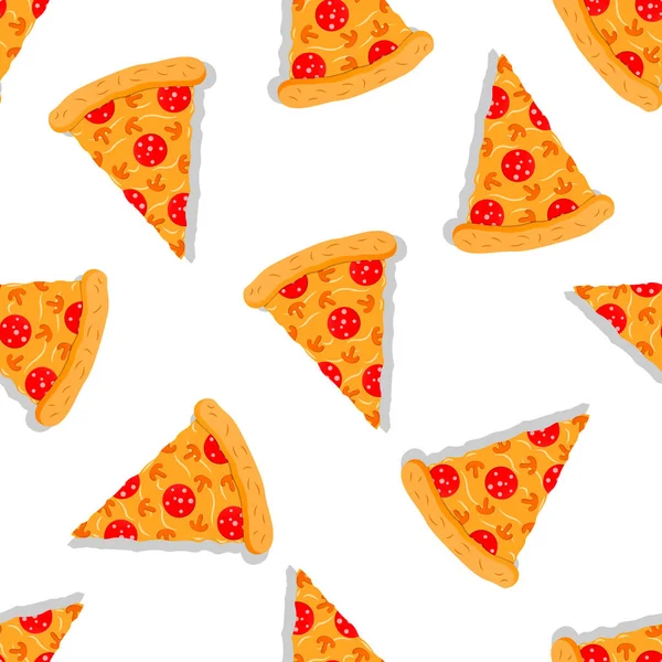 Patrón de pizza de pepperoni. Textura de queso con salami en rodajas, champiñones y queso para cafeterías y barras fastfoot. — Vector de stock