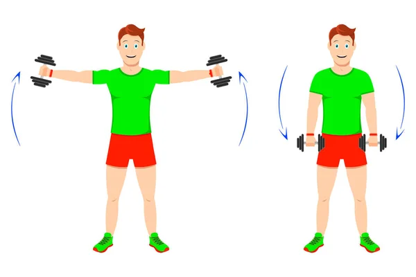 Exercício em casa. Jovem bonitão fazendo exercícios com halteres para músculos do braço. — Vetor de Stock