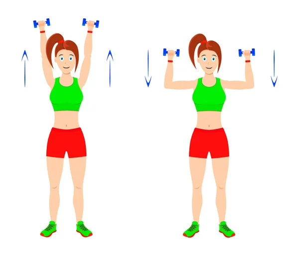 Exercício em casa. Jovem curvilínea fazendo exercícios com halteres para músculos do braço. — Vetor de Stock