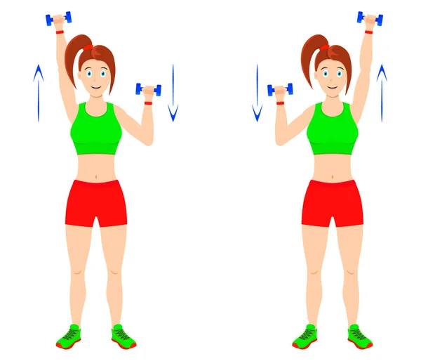 Exercise at home. Young curvy girl doing exercises with dumbbells for arm muscles. — Stock Vector
