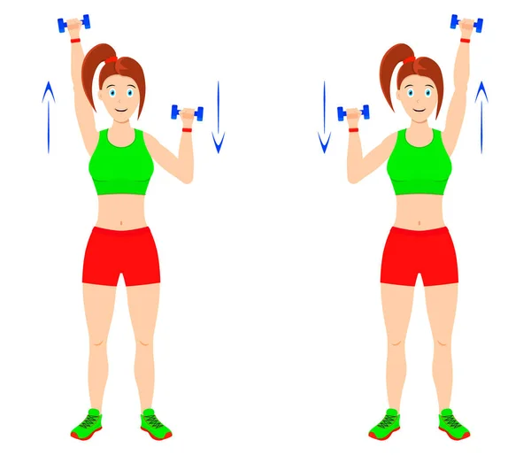 Oefening thuis. jong curvy meisje doen oefeningen met halters voor arm spieren. — Stockvector