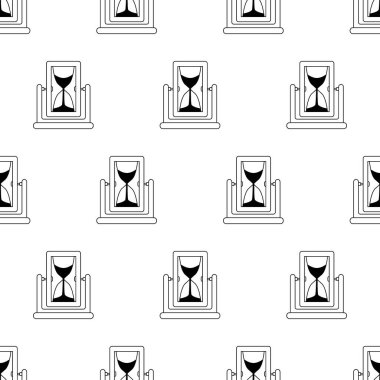 Kum saati dikişsiz desen hattı. Ahşap kenarlı yeni cam saat ve ayakta dur. Zamanı ölçen bir cihaz. Web siteleri, baskılar, oyunlar ve mobil uygulamalar için vektör illüstrasyonu.