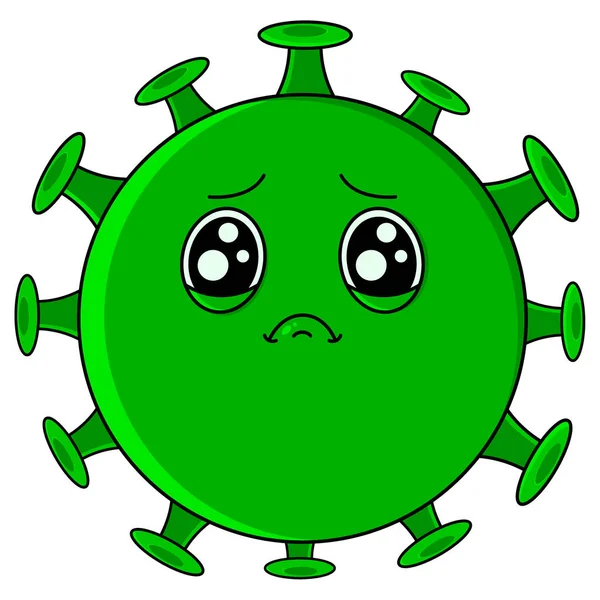 Coronavirus. Caricature mignon vert triste virus avec de gros yeux. — Image vectorielle