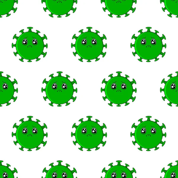 Padrão de coronavírus. Desenhos animados bonito verde triste vírus com grandes olhos. — Vetor de Stock