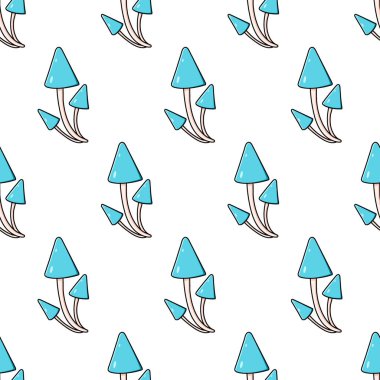 Mantar. Güzel bir sonbahar ormanı. Mavi renkli büyük bir çizgi film mantarı..