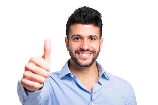 Smiling happy man giving thumbs up — Stock Photo, Image