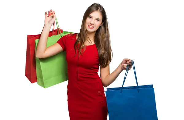 Mulher em compras vestido vermelho — Fotografia de Stock