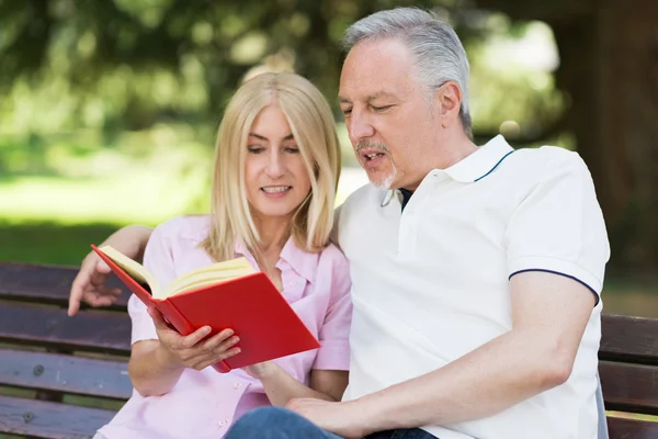 Pareja madura lectura libro al aire libre — Foto de Stock