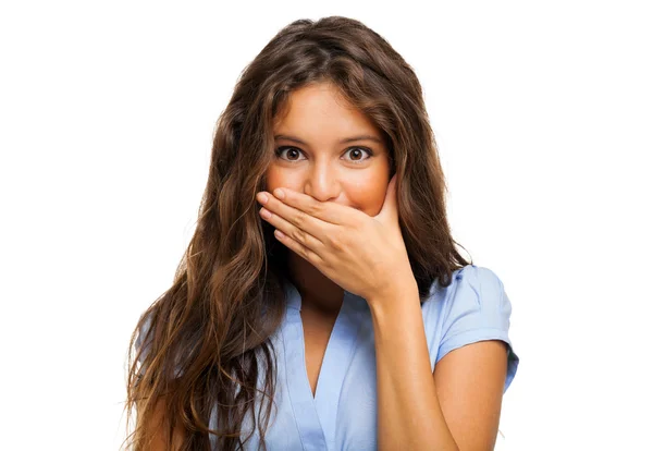 Woman with hand closing mouth — Stock Photo, Image