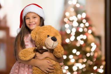 oyuncak ayı tutarak bir Noel şapka kız
