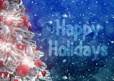 Arka planda kar taneleri olan Noel ağacı, mutlu Noeller ve mutlu şenlikler konsepti