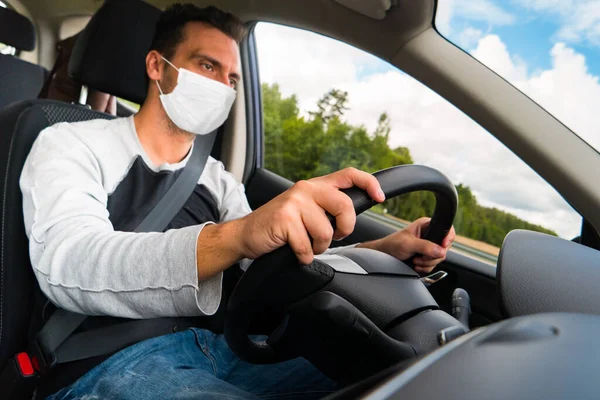 Empresario Conduciendo Coche Concepto Covid Coronavirus — Foto de Stock