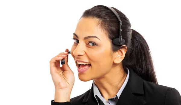Glimlachende Call Center Operator Geïsoleerd Witte Achtergrond — Stockfoto