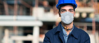 Maskeli site yöneticisi portresi, covid coronavirus konsepti