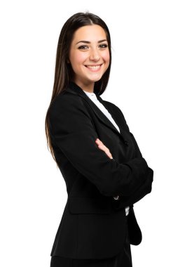 Beyaz arka planda izole edilmiş mutlu iş kadını portresi