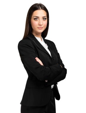 Beyaz arka planda izole edilmiş mutlu iş kadını portresi