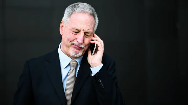 Senior Manager Praat Aan Telefoon Ziet Gelukkig Uit — Stockfoto