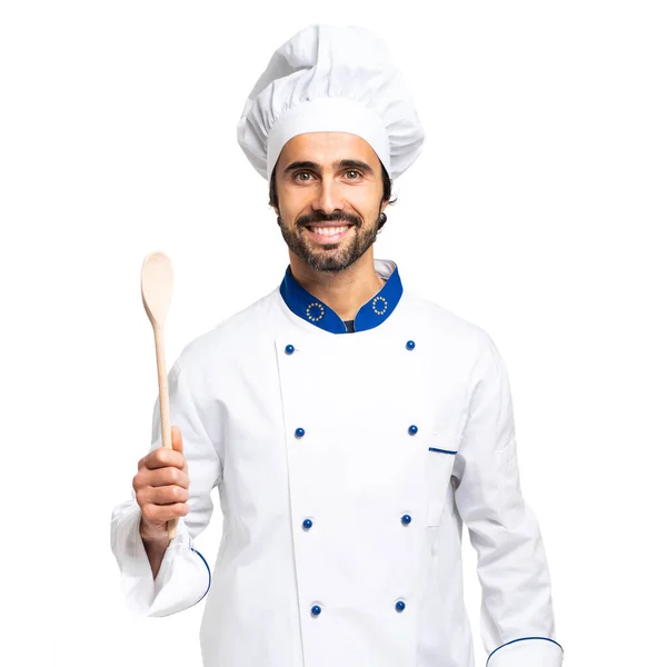 Vrolijke Chef Kok Geïsoleerd Witte Achtergrond — Stockfoto