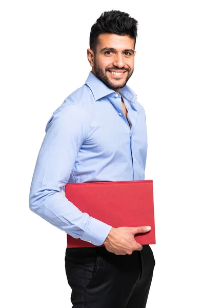 Young Male Student Holding Red Book Isolated White Background — Stock Photo, Image