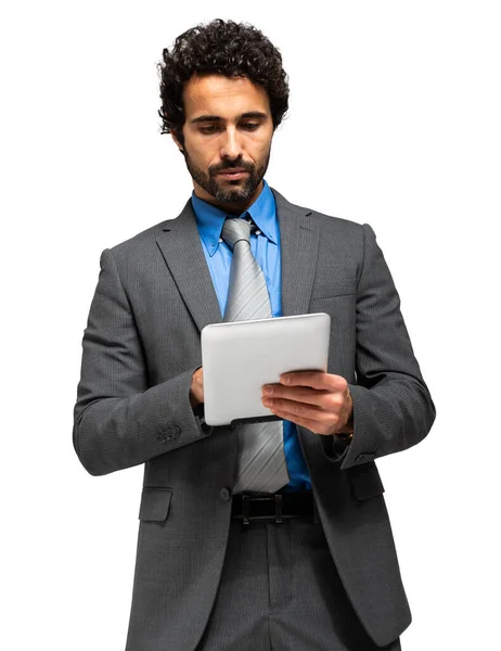 Zakenman Met Behulp Van Zijn Tablet Computer Geïsoleerd Witte Achtergrond — Stockfoto