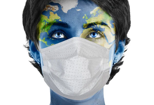 Woman World Painted Face Wearing Mask Covid Coronavirus Concept — Stock Photo, Image