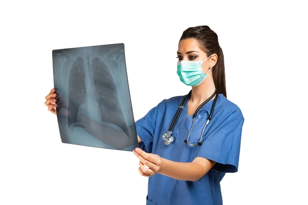 Young Masked Nurse Looking Radiography Covid Coronavirus Concept Isolated White — Stock Photo, Image