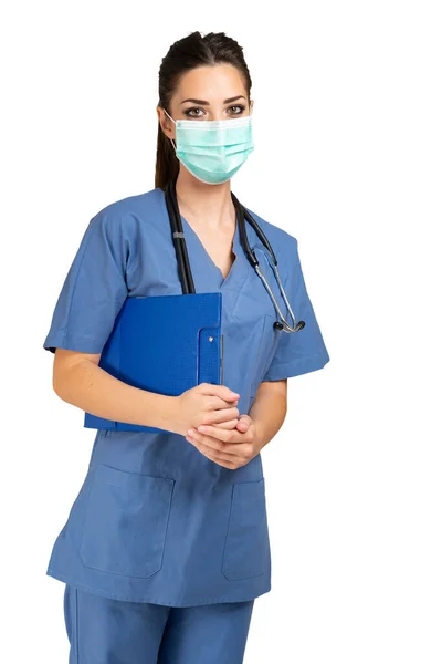 Young Masked Female Nurse Portrait Covid Coronavirus Mask Isolated White — Stock Photo, Image