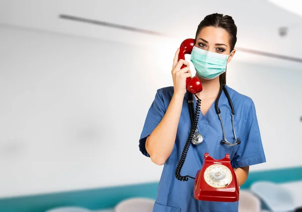 Nurse Making Phone Call Vintage Telephone Covid Coronavirus Concept — Stock Photo, Image