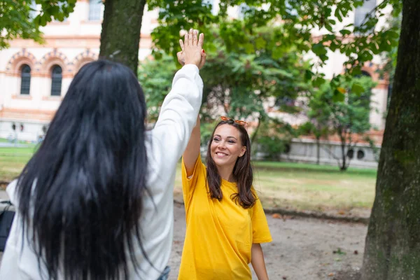 Vrouwen Geven Elkaar Een High Five Succes Geluk Concept — Stockfoto