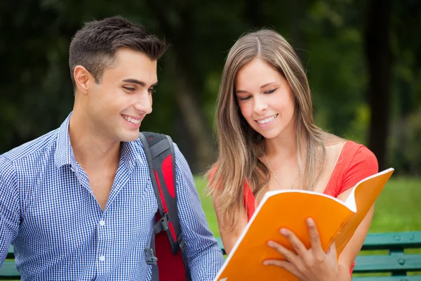 Usmívající se studenti studující jsem zaparkovat — Stock fotografie