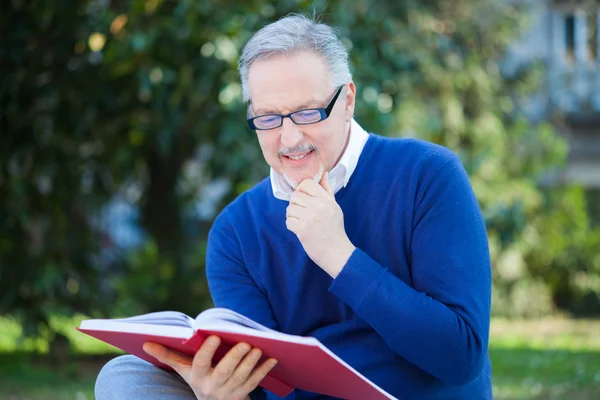 Człowiek czytania książki w parku — Zdjęcie stockowe