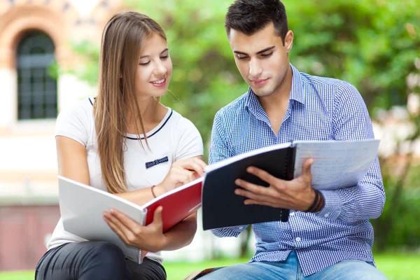 Zwei Schüler lesen im Park — Stockfoto