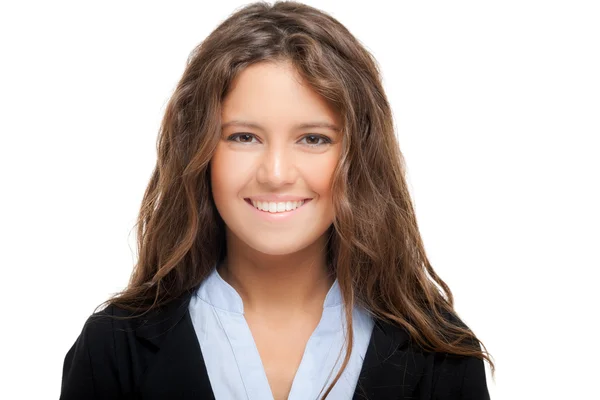 Empresária sorrindo no fundo branco — Fotografia de Stock